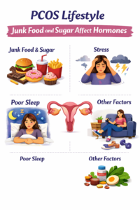 Infographic showing PCOS lifestyle factors such as junk food, sugar, stress, poor sleep, lack of exercise, and unhealthy habits that affect hormones