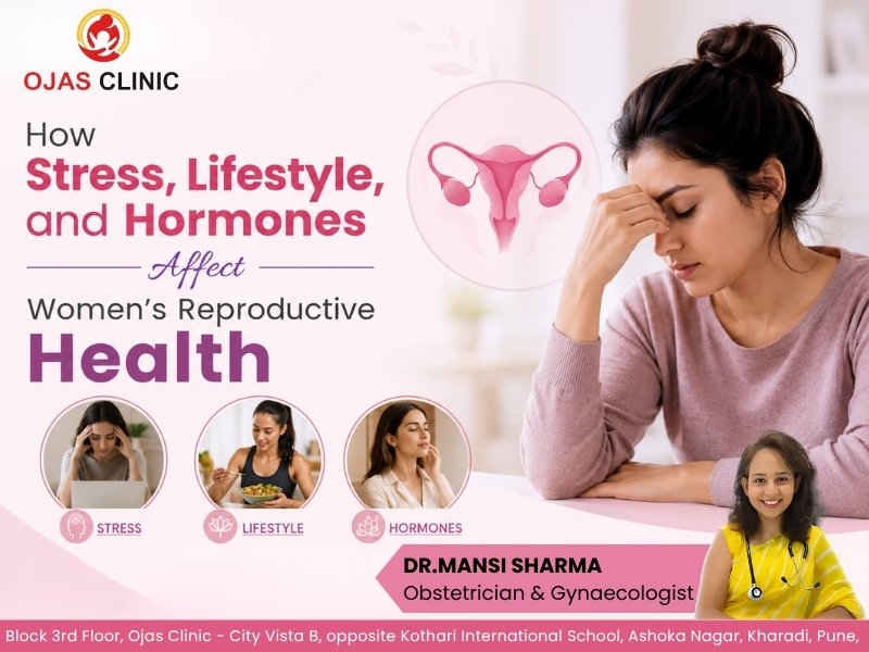Woman experiencing stress and hormonal imbalance related to reproductive health with gynecology awareness design by Ojas Clinic Pune.